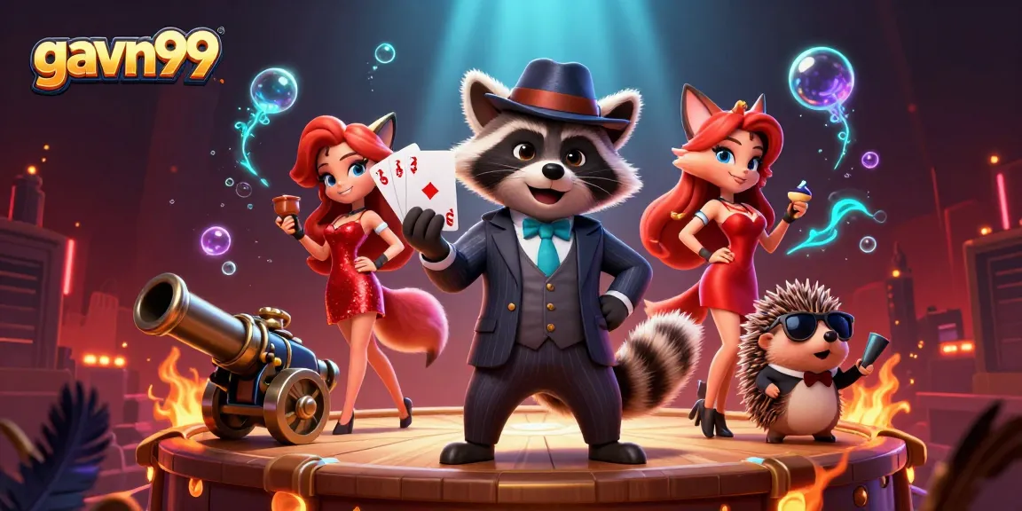 Join the excitement at gavn99, featuring a suave raccoon and friends in a vibrant cockfighting arena.