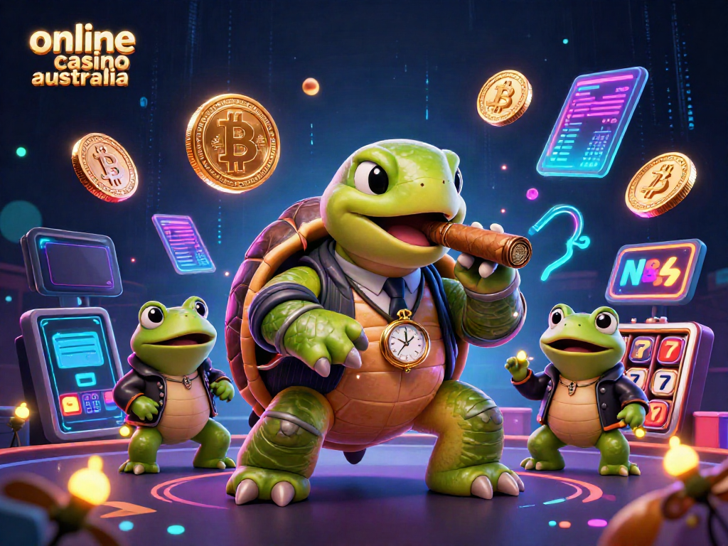 Engaging scene featuring the online casino Australia theme with a cartoon turtle and frog enforcers amidst gaming elements.