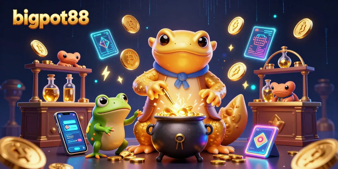 Experience the thrill of bigpot88 with gold coins, an alchemist, and crypto elements in a vibrant casino scene.