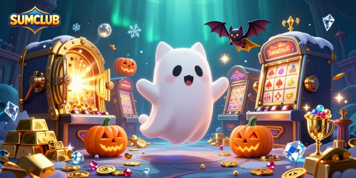 SUMCLUB ghost cat and bat explore a haunted casino with glowing jack-o-lanterns and treasures.