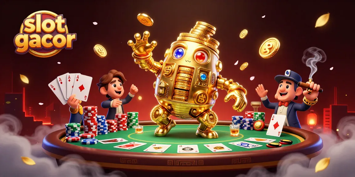 Masukkan slot gacor di situs terpercaya dengan ilustrasi golem emas dan elemen permainan kasino yang menarik.