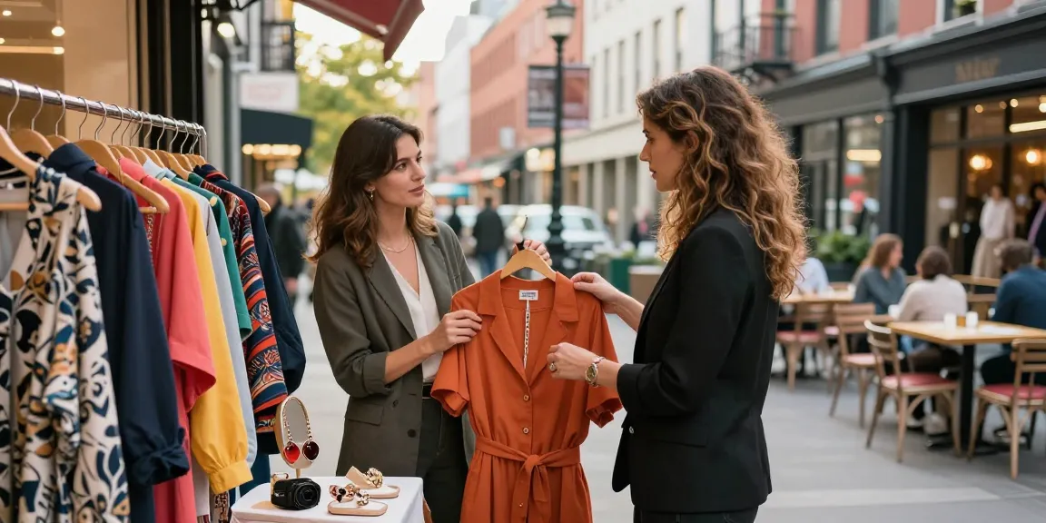 Consulenza d'immagine Milano: consulente mostrare abiti personalizzati a cliente in un contesto urbano elegante.