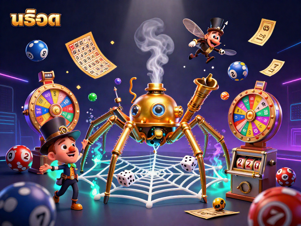Engage in สล็อต with a vibrant 3D illustration of a golden spider webbing lucky games and vibrant lottery balls.