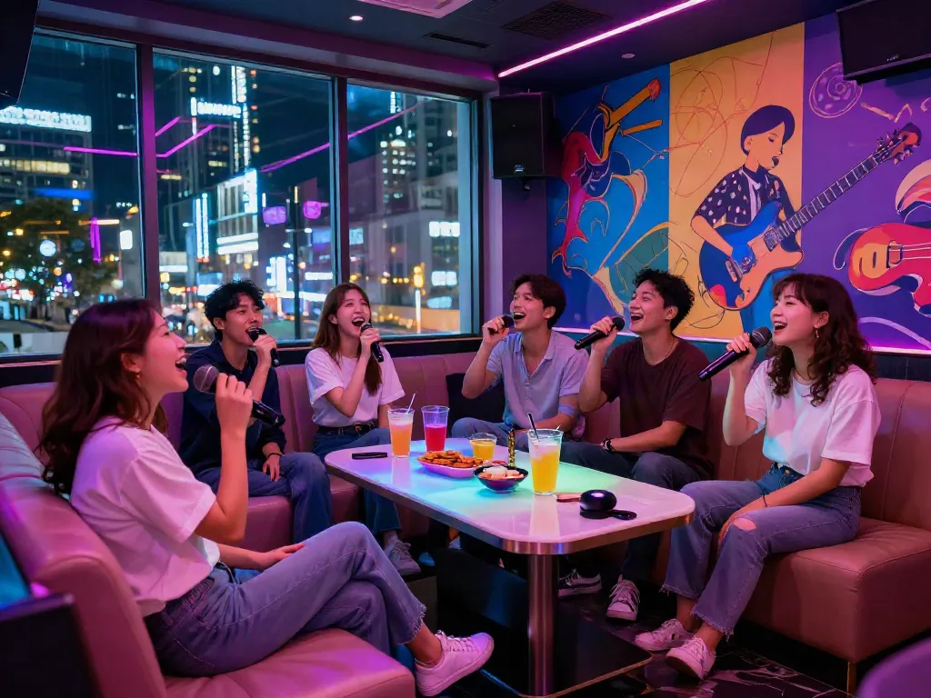 강남의 달리는토끼에서 즐거운 시간을 보내는 친구들, 밝고 현대적인 가라오케 룸의 모습