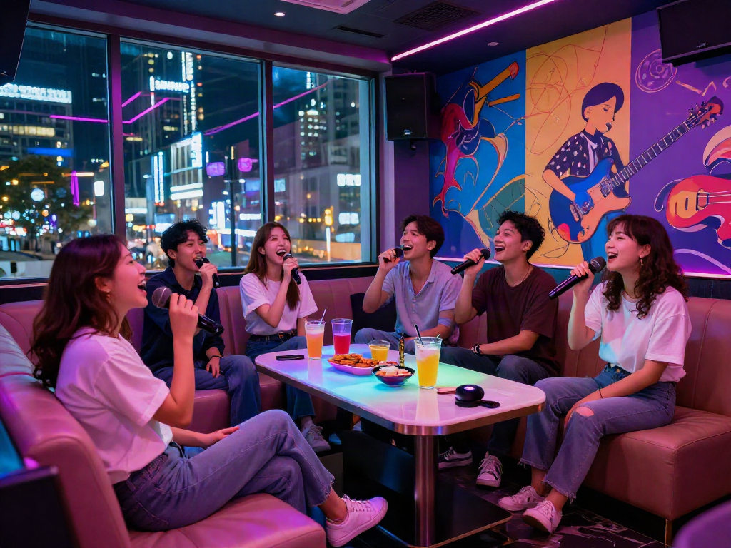강남의 달리는토끼에서 즐거운 시간을 보내는 친구들, 밝고 현대적인 가라오케 룸의 모습
