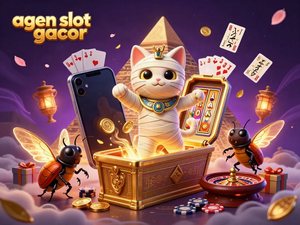 Experience thrilling action with the agen slot gacor in a vibrant 3D casino scene featuring a mummy cat and golden coins.