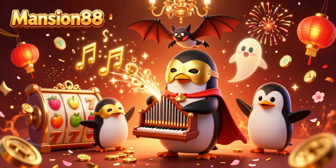 Mansion88 brings excitement with a vibrant 3D illustration of a penguin and fun casino elements.