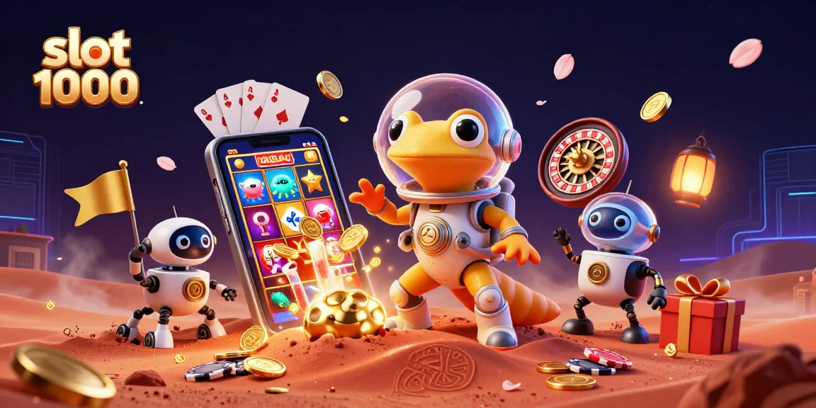 Putar slot 1000 dengan Martian gecko di kasino emas yang diselimuti pasir Mars.
