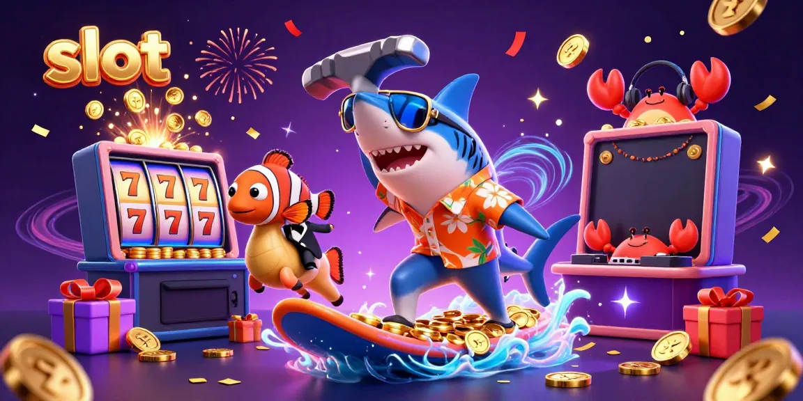 Slot permainan dengan hiu kartun dan kepiting DJ yang menari di atas tumpukan koin emas.
