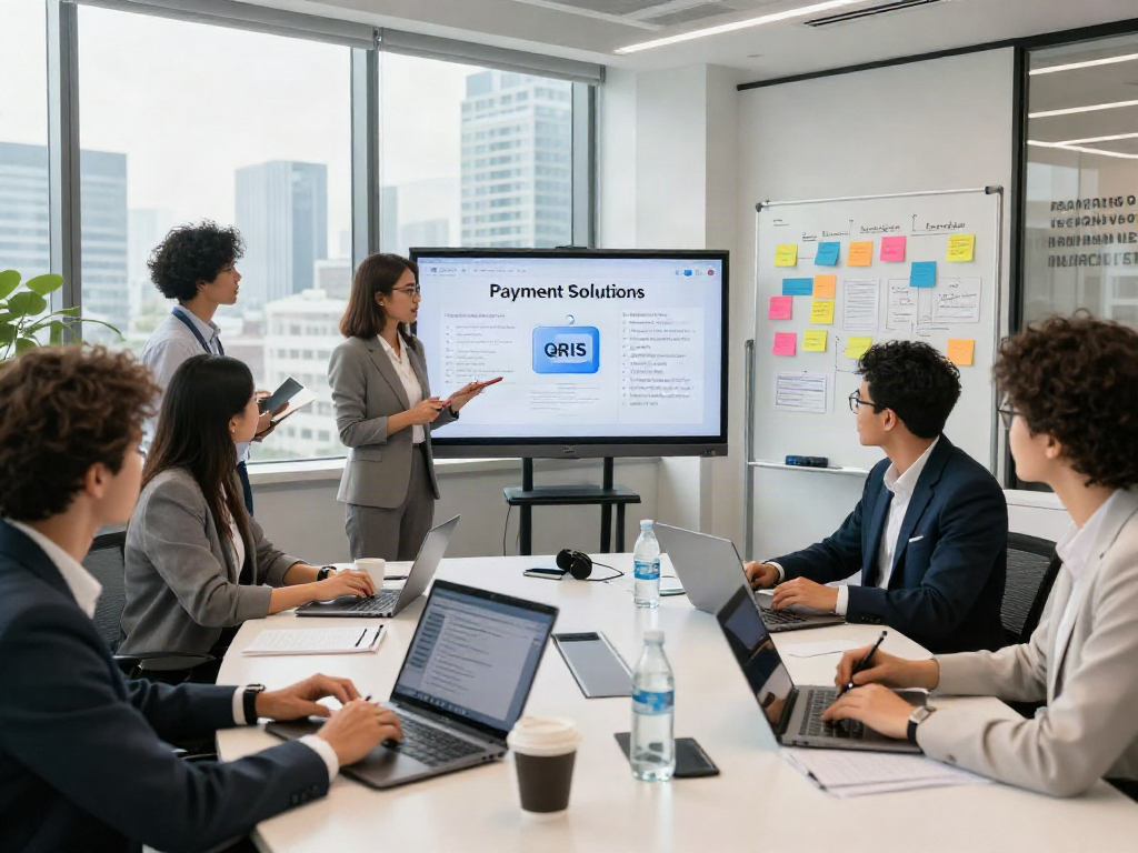 Team collaboration discussing slot qris technology in a modern office