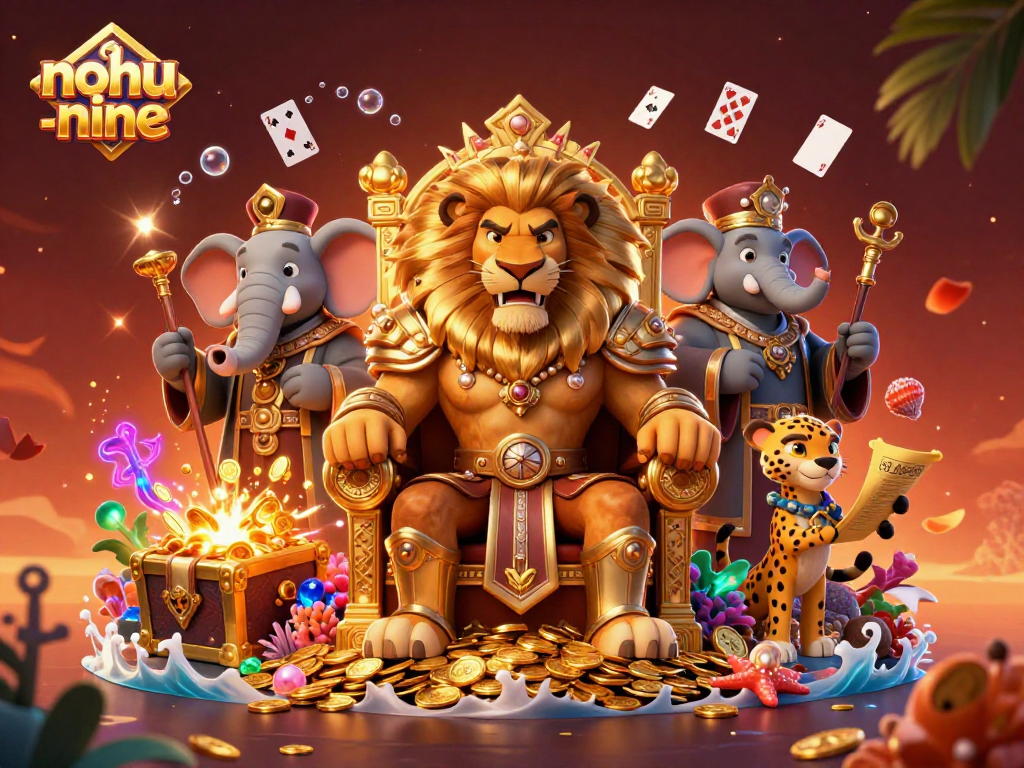 Experience excitement at nohu-nine with a vibrant casino-themed illustration featuring a lion king and dynamic game elements.