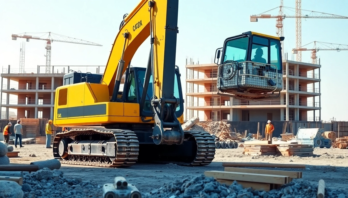 Excavator working on a construction site with workers and materials nearby.