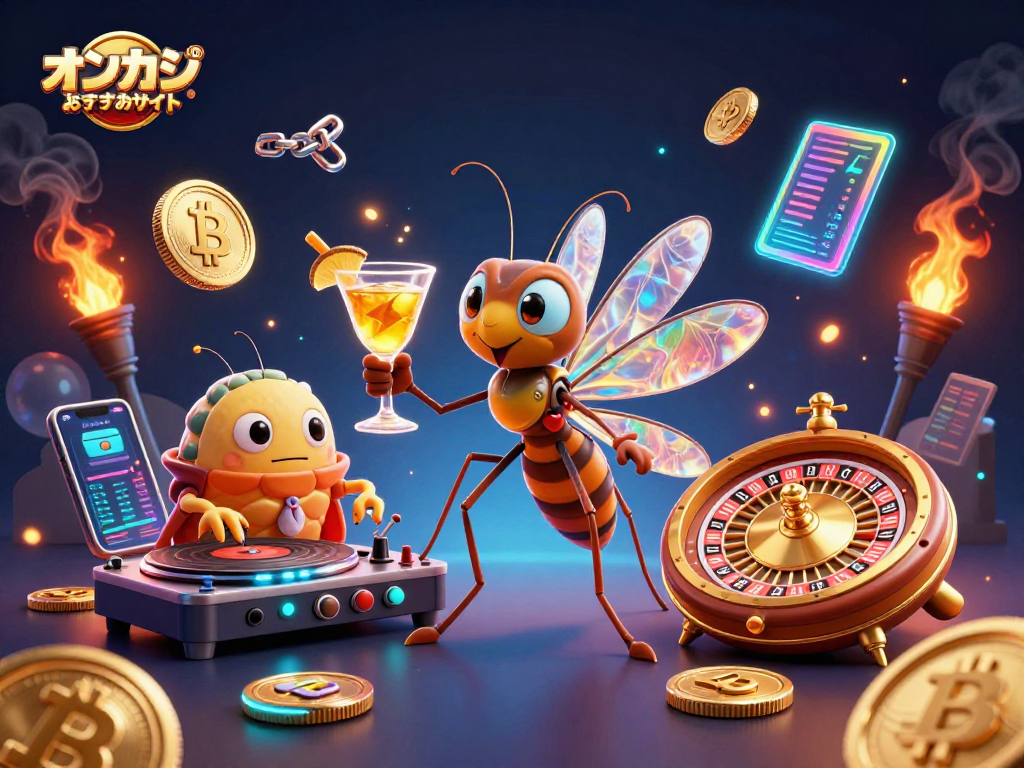 オンカジ おすすめサイトのキャラクターたちが賑やかなカジノのシーンで遊ぶ、ビットコインとイーサリアムコインが散らばるダイナミックなイラスト。