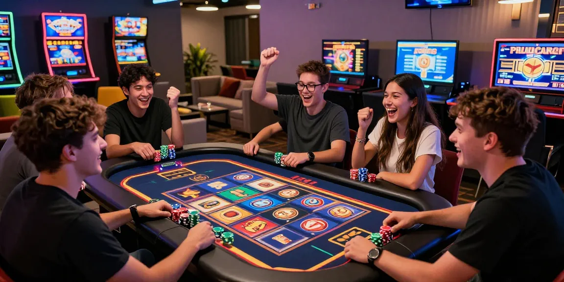 Players enjoying international slot luar negeri games in a vibrant gaming lounge atmosphere with colorful graphics and excited expressions.