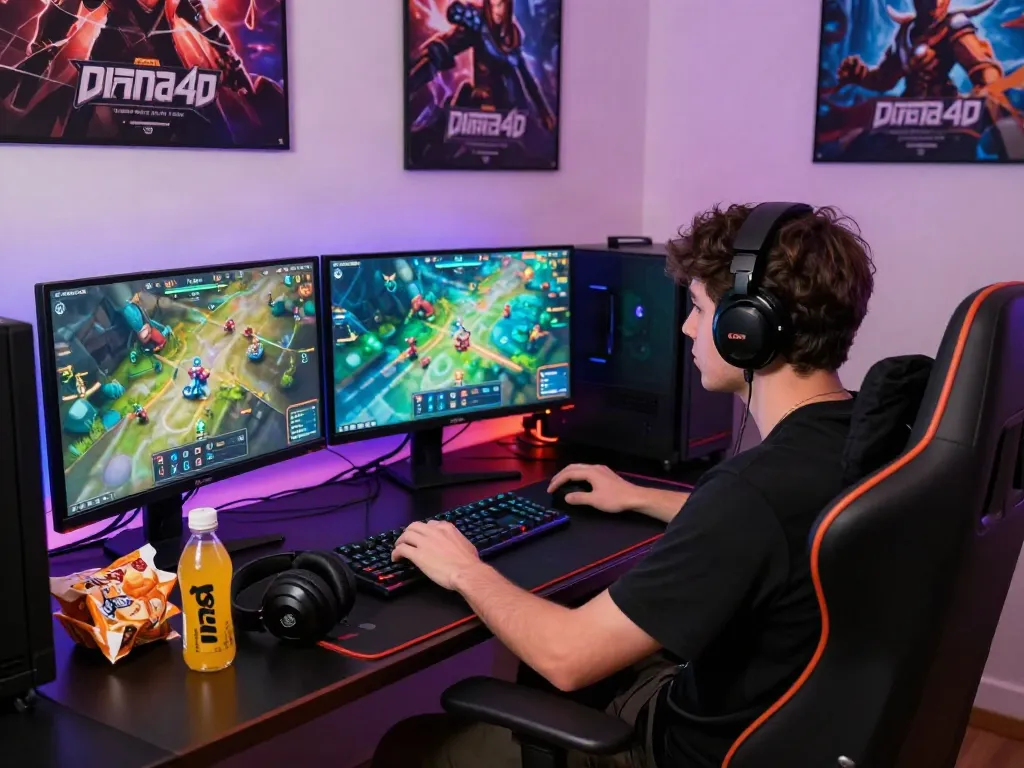 Pengatur permainan online dengan diana4d, gamer serius di depan layar, suasana hidup, lampu RGB.