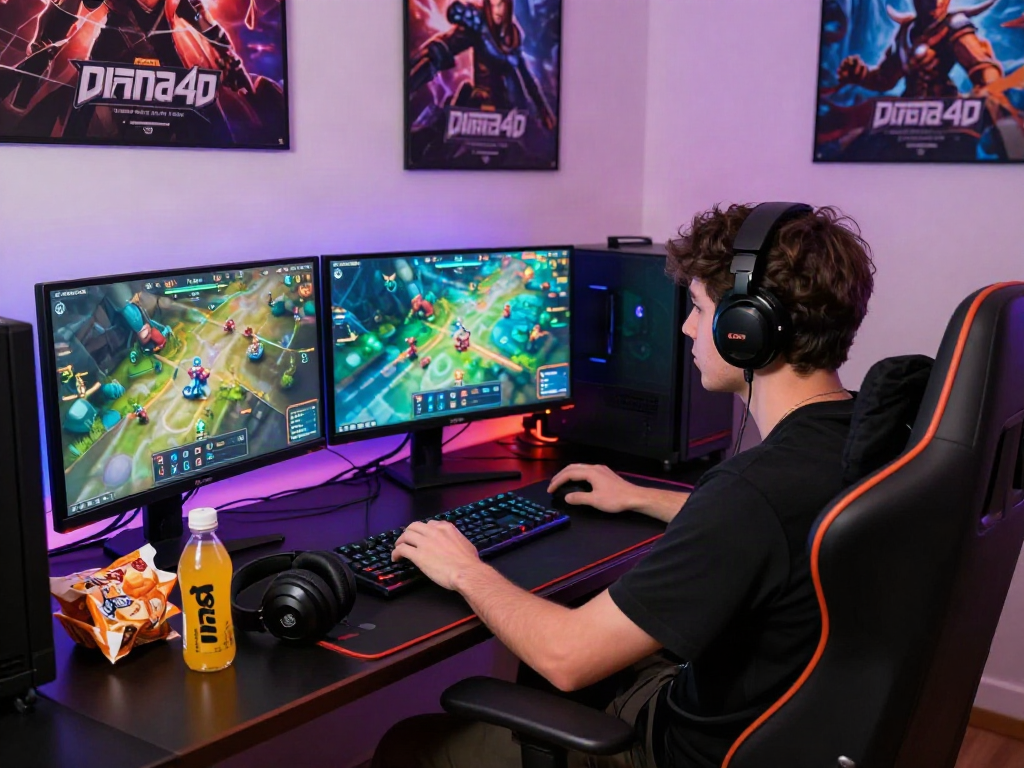 Pengatur permainan online dengan diana4d, gamer serius di depan layar, suasana hidup, lampu RGB.