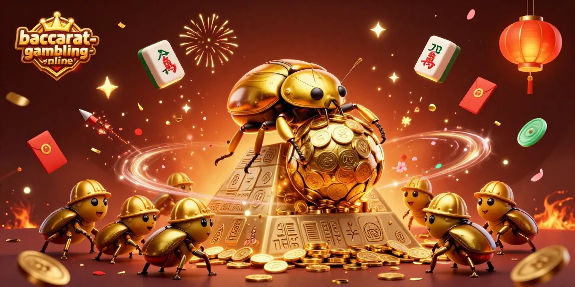 Experience baccarat-gambling-online with an engaging illustration of a golden dung beetle and vibrant casino elements.