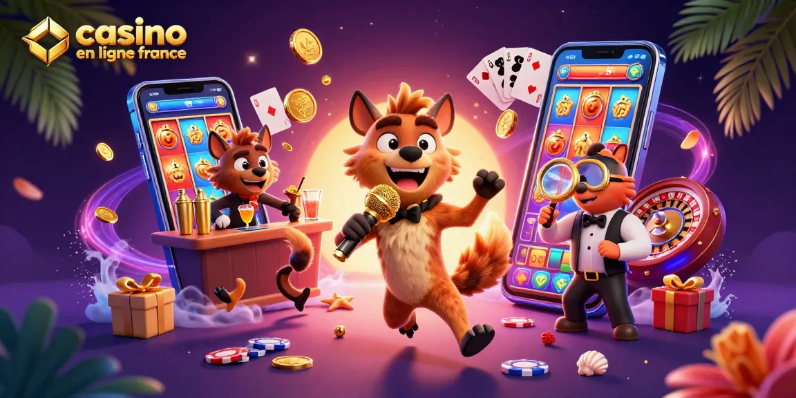 Illustration vibrante d'un casino comique animé, mettant en avant le casino en ligne en France, avec des hyènes amusantes.