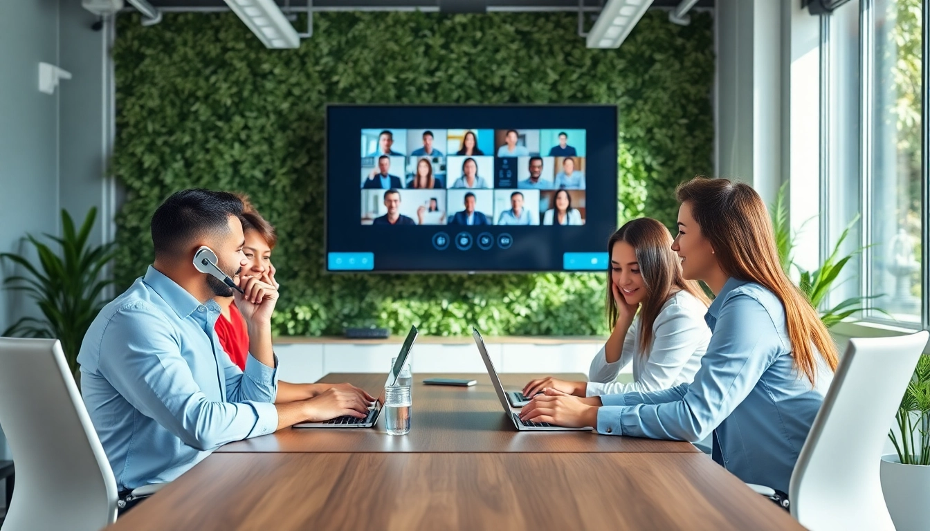 Team collaborating using cloud phone systems for small business in a modern office setting.