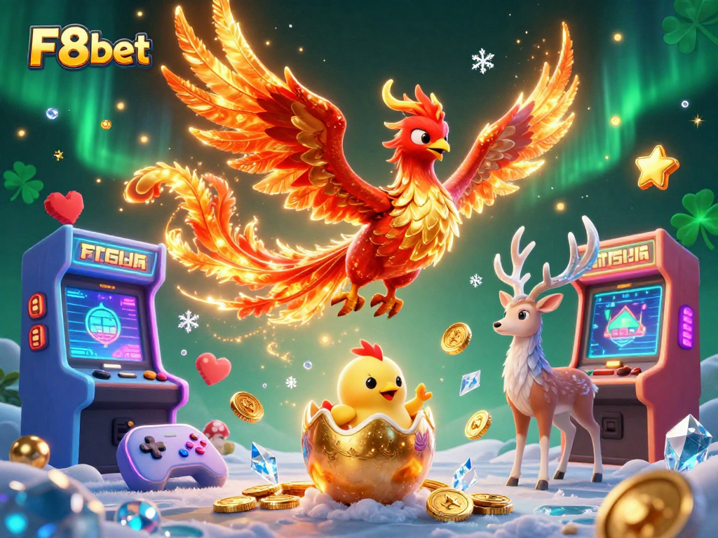 Bet on exciting games at F8bet with a vibrant 3D casino scene featuring a phoenix, baby chick, and stag.