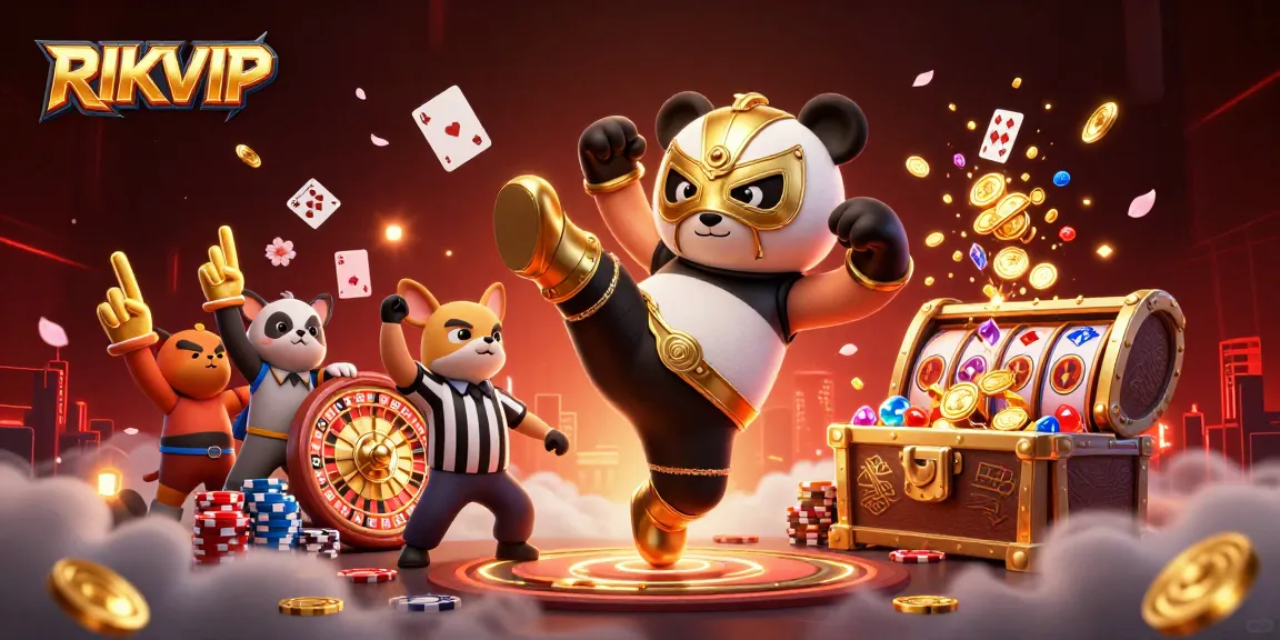 RIKVIP casino excitement showcased with a 3D cartoon panda wrestler; vivid gambling elements surround