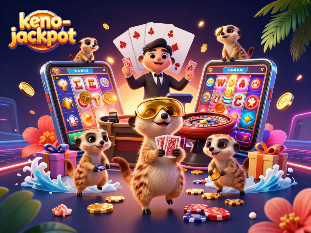 Experience exciting moments at keno-jackpot with meerkats in a lively casino scene.