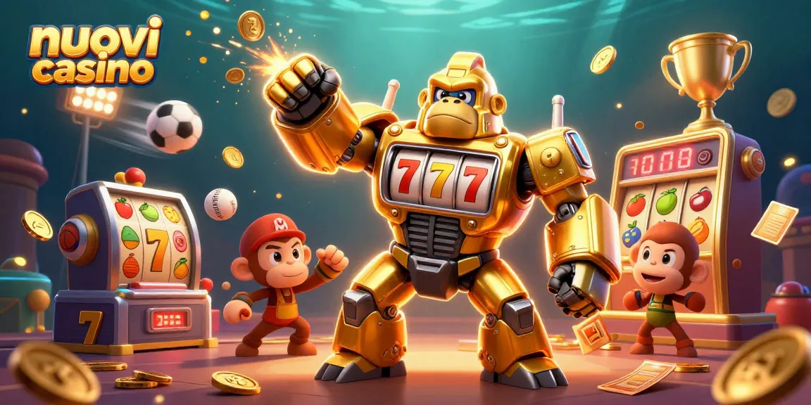 Gioca nei nuovi casino con un gorilla mech dorato e simboli di fortuna sullo sfondo.
