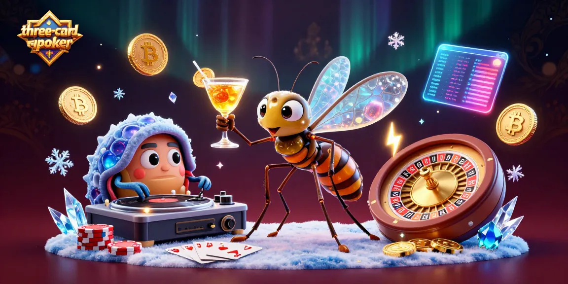 Experience three-card-poker excitement with a lively casino scene featuring a mosquito mascot and spinning trilobite DJ.