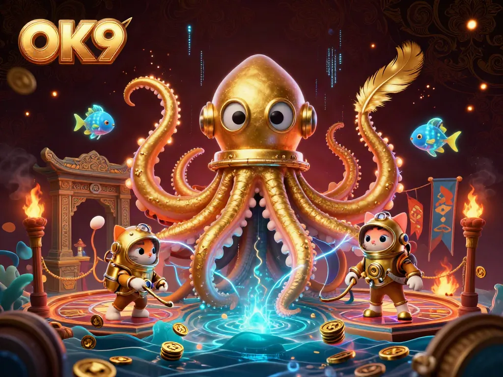 Experience the thrill of OK9's online gambling with a stunning 3D kraken scene filled with treasures.