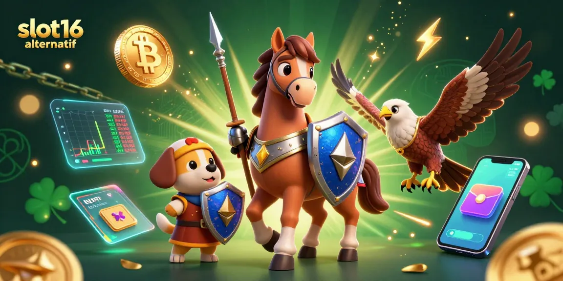 Engage with slot16 alternatif through a captivating 3D casino scene showcasing knights and crypto elements.