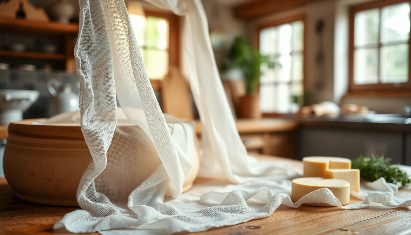 Neteldoek per meter: Focusing on high-quality cheesecloth in a rustic kitchen setting.