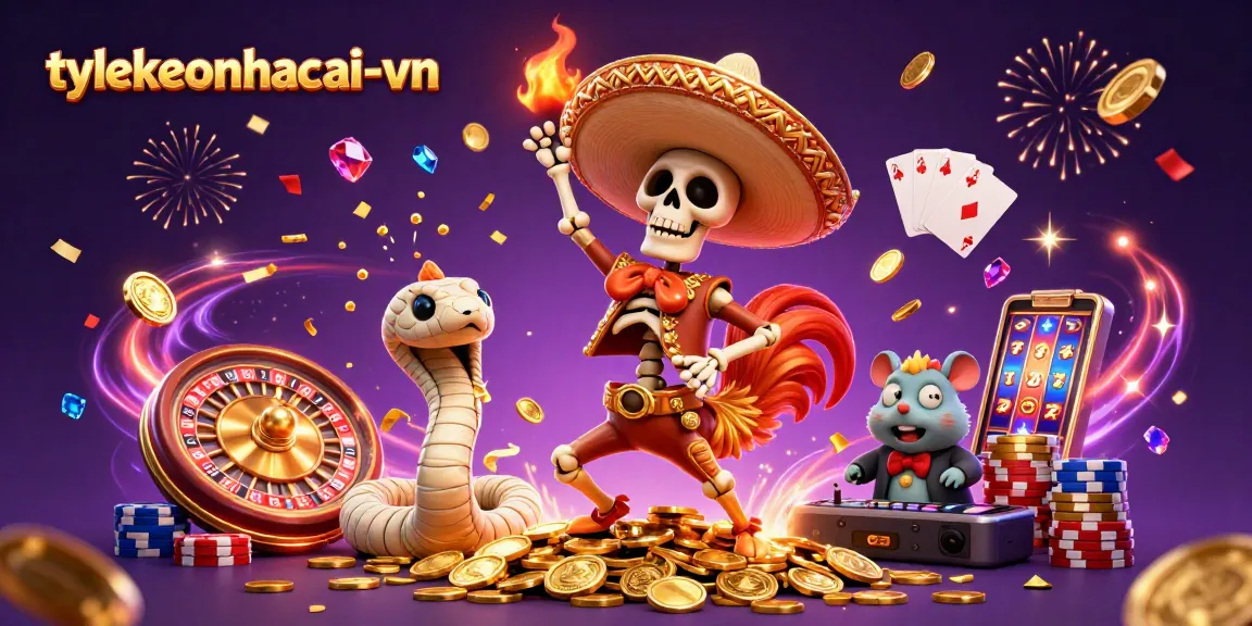 Celebrate with tylekeonhacai-vn as the mariachi rooster dances on golden coins in a vibrant casino scene.