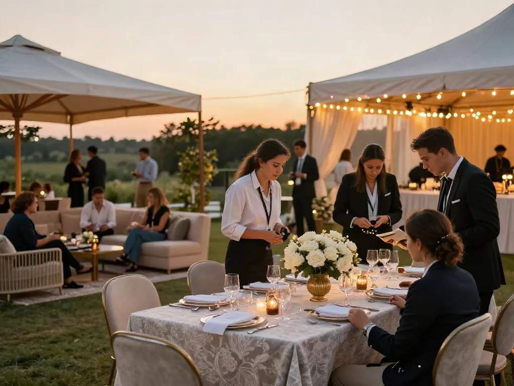 Event rental KSA setup featuring a beautifully decorated outdoor venue with a team coordinating details.