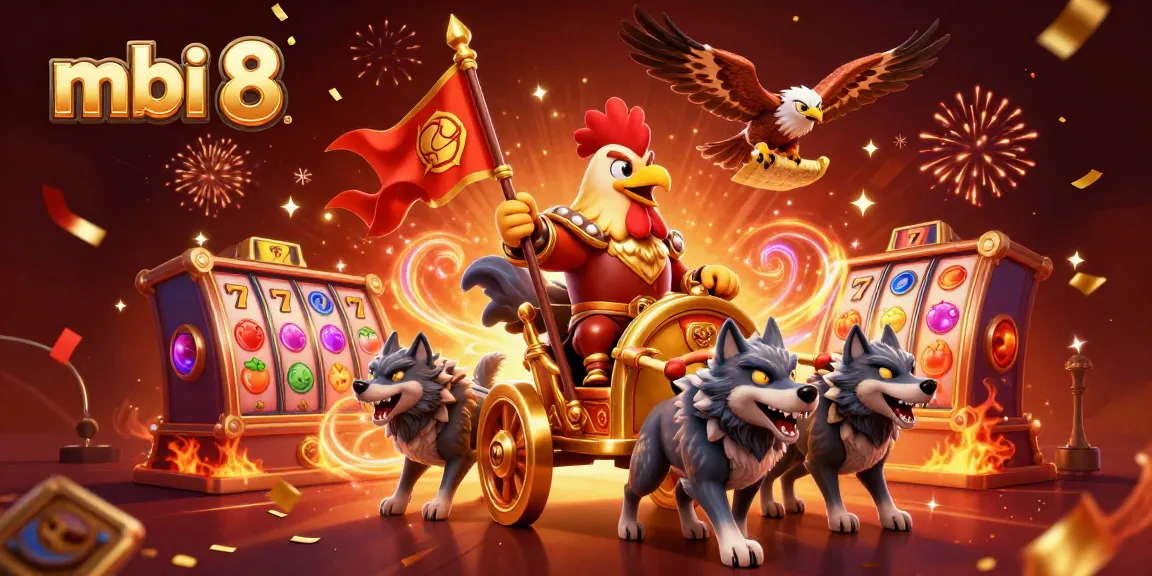 Join the excitement at mbi 8 as the rooster warlord leads a thrilling casino battle amidst vibrant slots and jackpots.