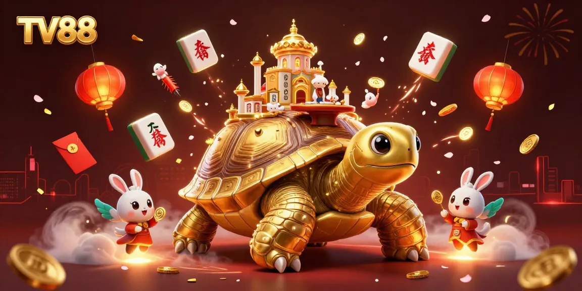 Engaging TV88 promotional illustration showcasing a vibrant casino scene with golden tortoise and rabbit dealer.