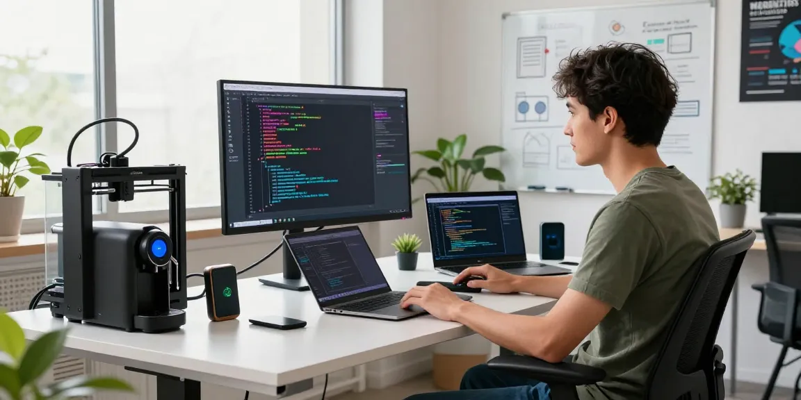 Focused developer at a modern workspace analyzing code on multiple screens at https://www.bdtjl.app/ in a bright office setting.