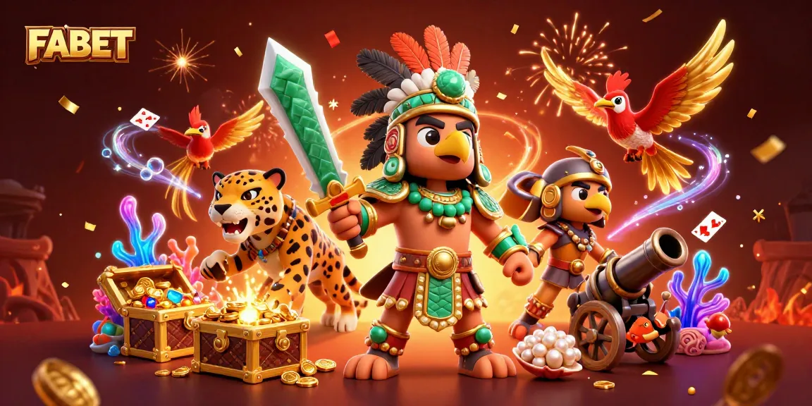 Engage with FABET's vibrant casino world featuring Aztec warriors amidst treasure and games.