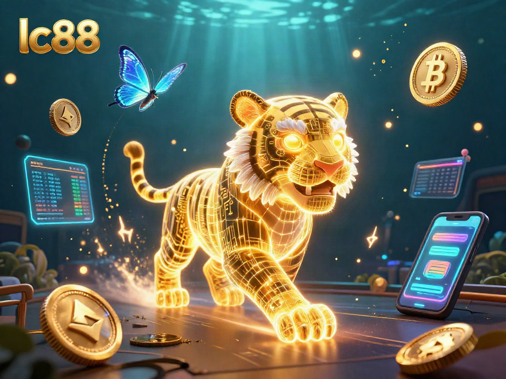 Experience the thrilling world of lc88 with vibrant crypto elements and a neon tiger in a stunning casino landscape.