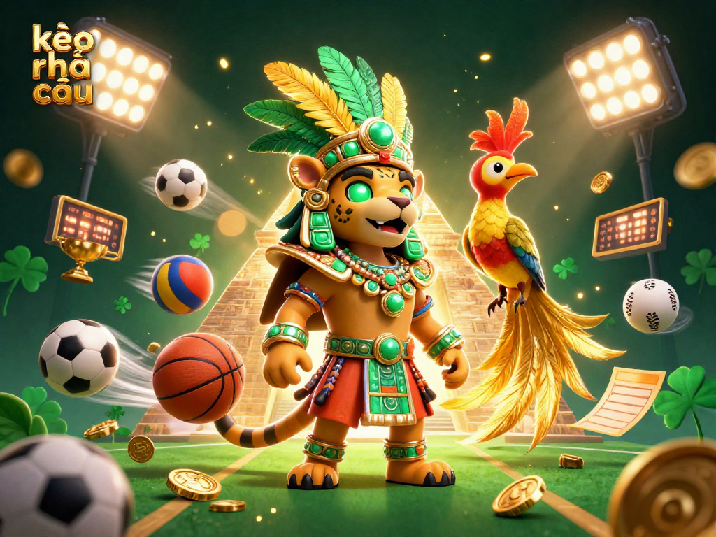 Engage with kèo nhà cái through this dynamic sports betting 3D illustration featuring a Mayan jaguar priest and vibrant sports elements.