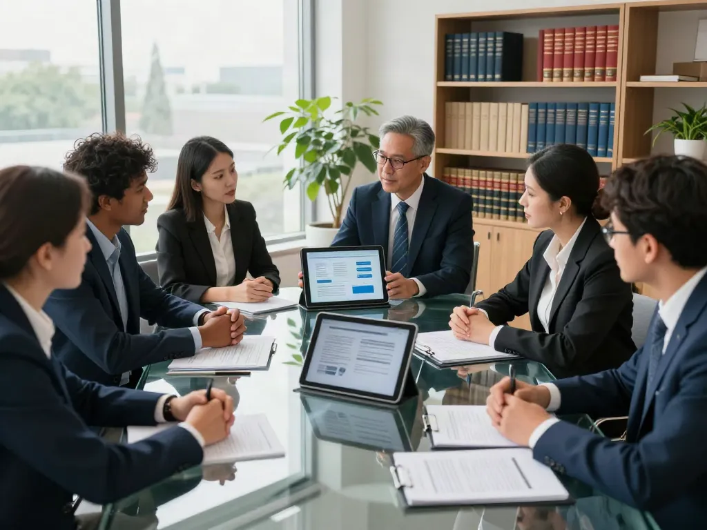 Lead Roedl team strategizing in modern law office on international legal matters.