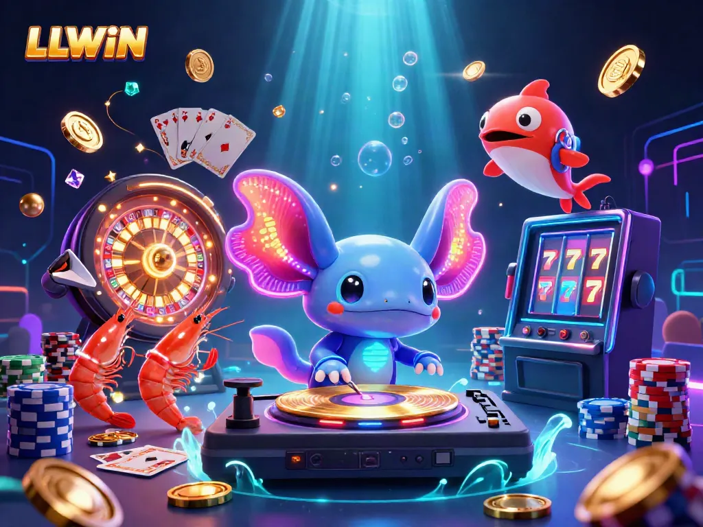 LLWIN presents a vibrant underwater casino scene with an axolotl DJ and dynamic game elements.