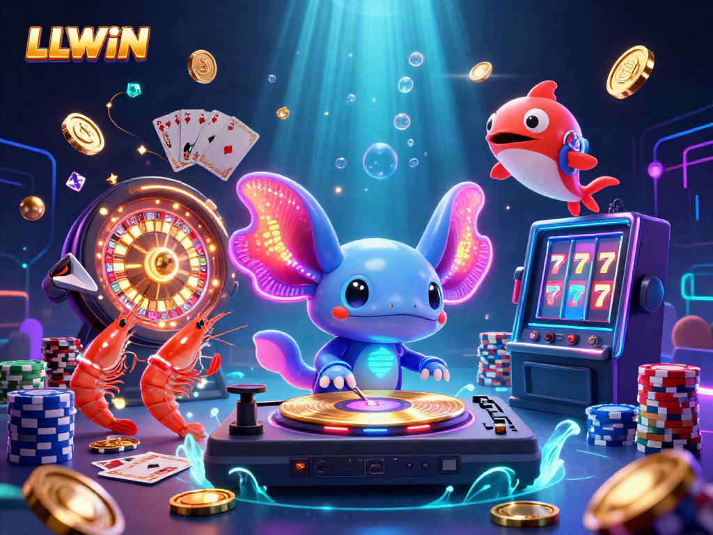 LLWIN presents a vibrant underwater casino scene with an axolotl DJ and dynamic game elements.