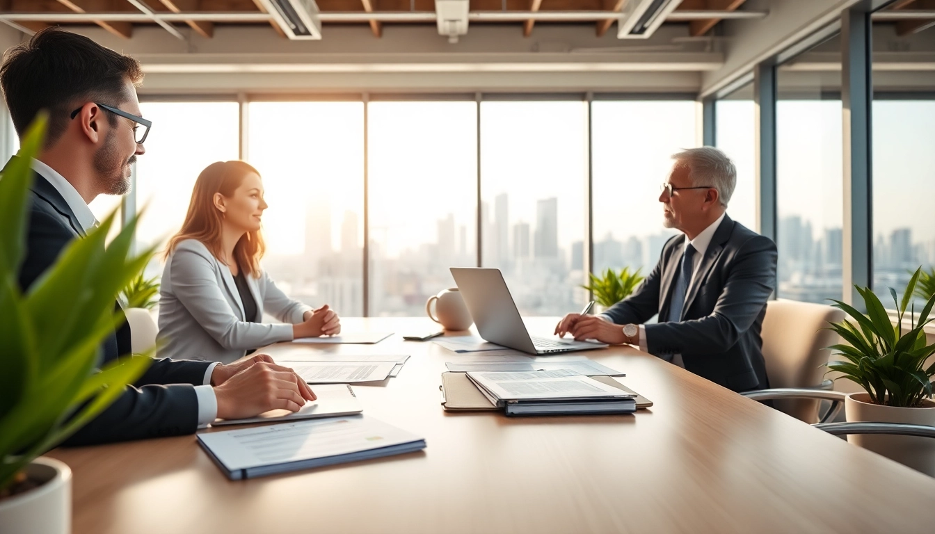 Title Insurance Services consultation showing professionals in a modern office setting with city views.
