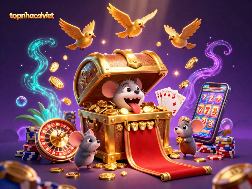 Engage in the thrill of topnhacaiviet with treasure chests, golden coins, and lively casino elements in a vibrant scene.