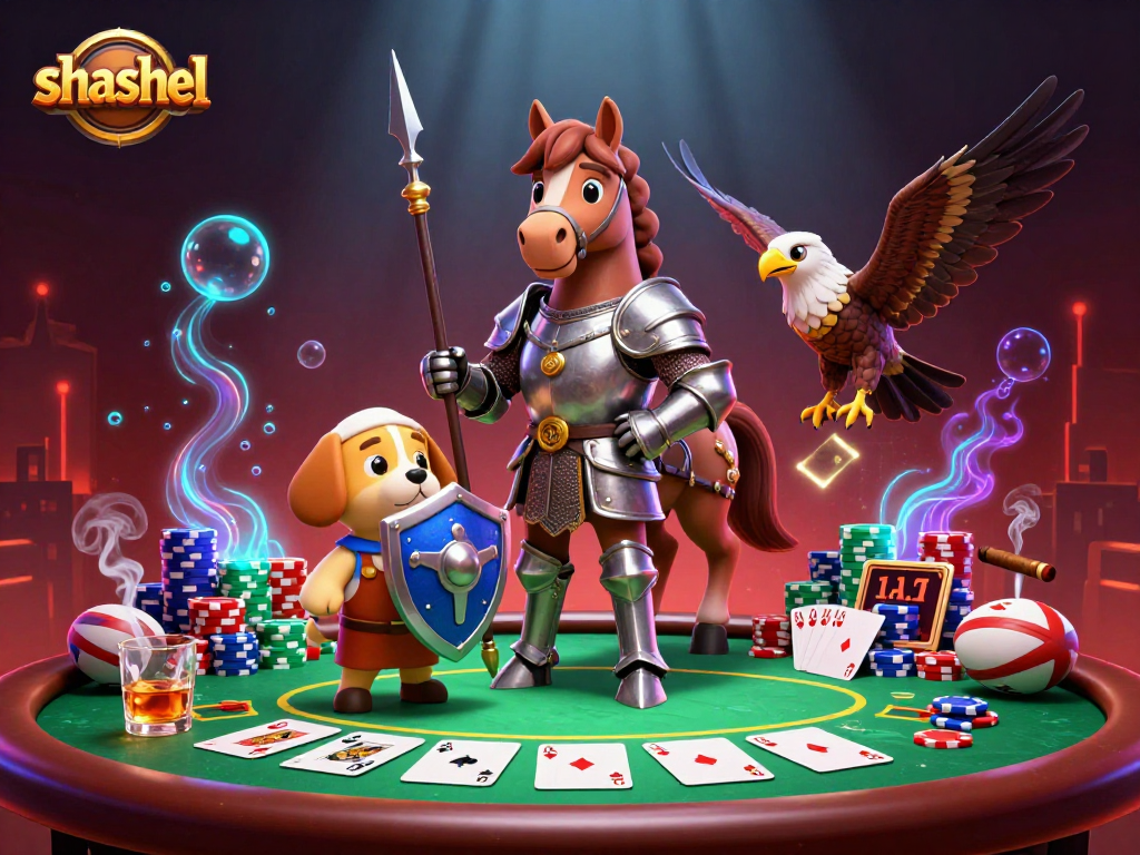 Engage with shashel's immersive casino atmosphere featuring a knight, puppy, and falcon.
