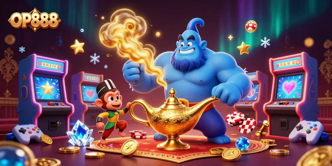 Experience the excitement of OP888 with a vibrant 3D scene of a lavish genie emerging from a lamp, floating poker chips, and colorful gaming elements.
