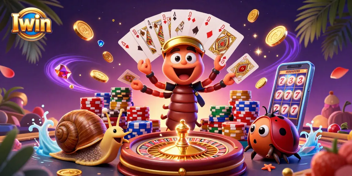 Iwin showcases a lively casino scene with a millipede dealer, snail high-roller, and pill bug amidst vibrant gaming elements.