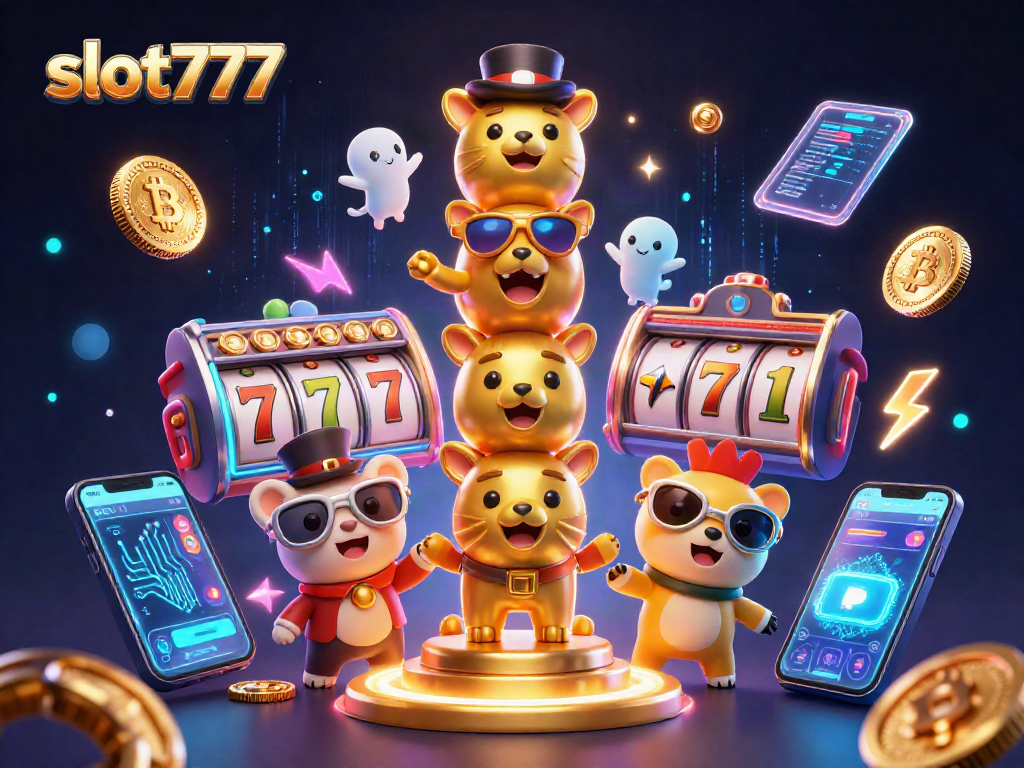 Aksi bermain slot777 dengan gulungan mesin slot dan simbol keberuntungan yang menari-nari di sekelilingnya.