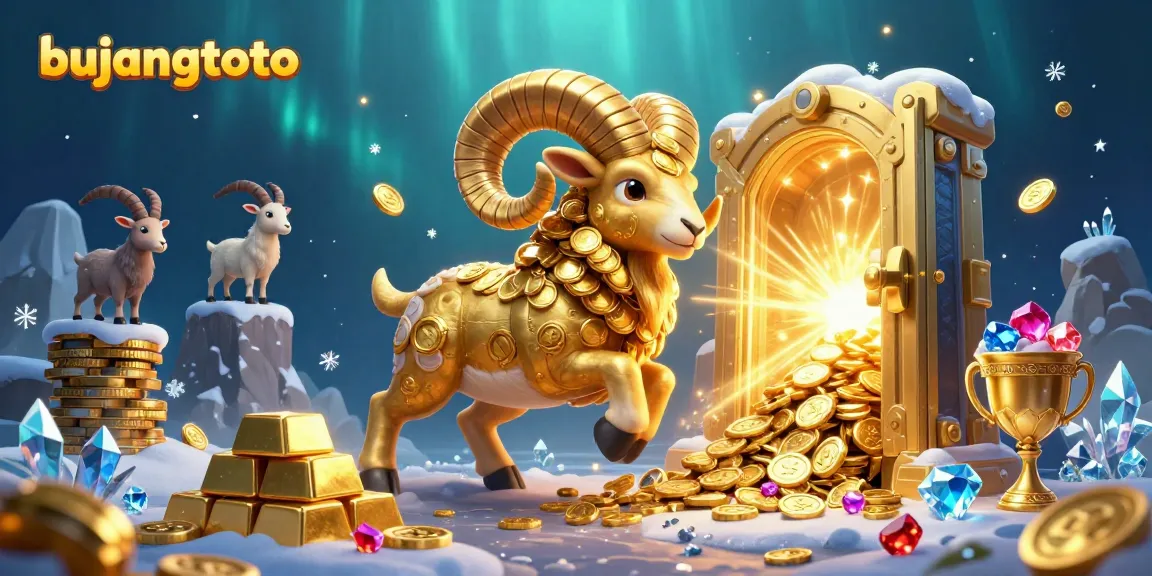 Engage with bujangtoto's vibrant 3D illustration, showcasing a golden ram charging at a treasure vault.