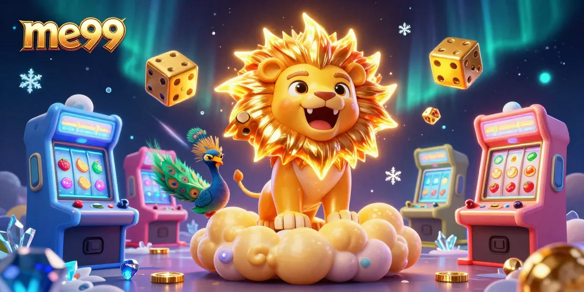 Engage with me99 through this vibrant illustration showcasing dynamic casino elements like slots and dice.